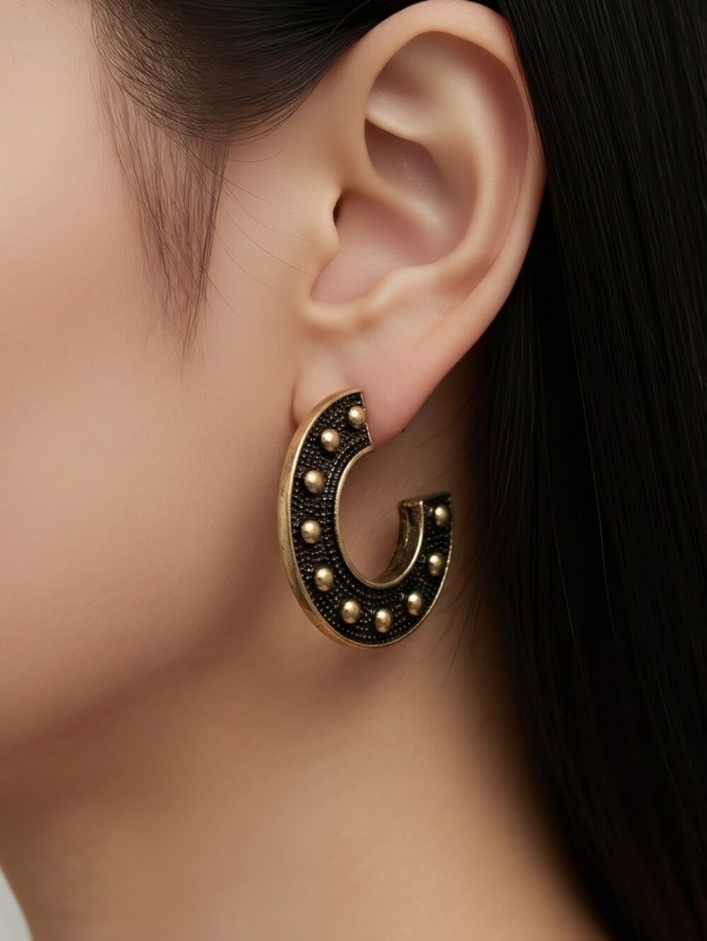 Free People Black and Gold Stylish Hoop Earrings Textured Surface & Stud Accents